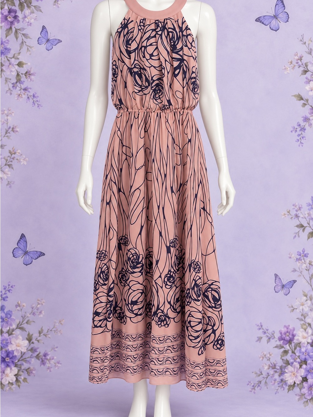 Robbie Bee Blush Pink Halter Maxi Dress with Navy Floral Motif